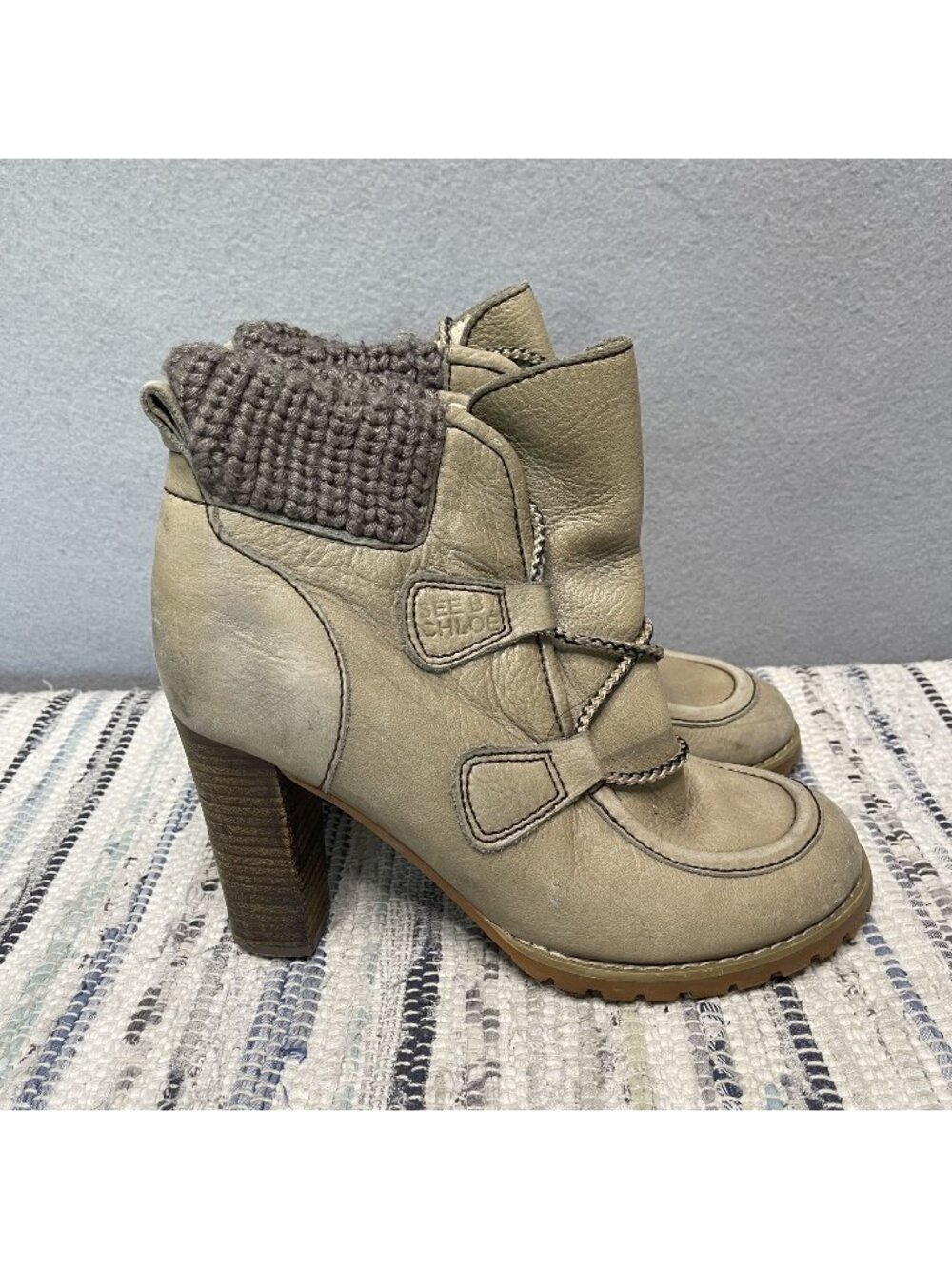 See By Chloé Beige Leather Knit Cuff Ankle Boots Womens Size 37 Block Heel
